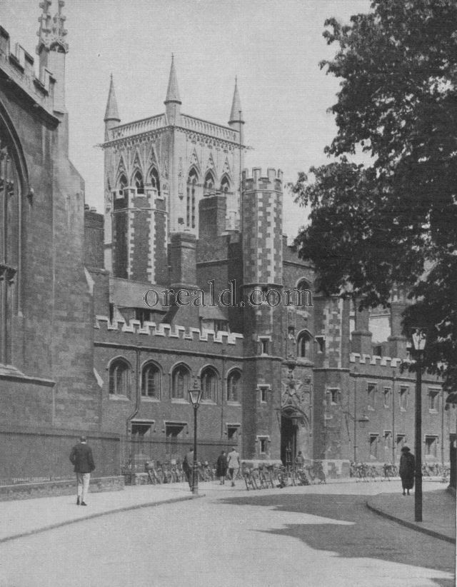TOWERED ENTRANCE OF ST. JOHN'S IN A QUAINT CAMBRIDGE STREET TOWERED ENTRANCE OF ST. JOHN'S IN A QUAINT CAMBRIDGE STREET